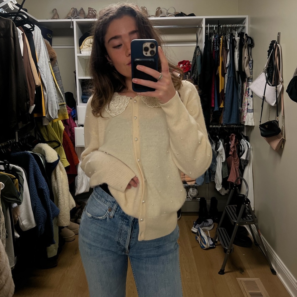 Vintage Crème - Pink Pearl Button Up Sweater
